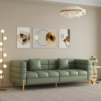 Homary 79" Modern White Leather Upholstered Fluted 3 Seater Sofa For Living Room With Pillow In Green