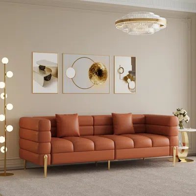 Homary 79" Modern White Leather Upholstered Fluted 3 Seater Sofa For Living Room With Pillow In Brown