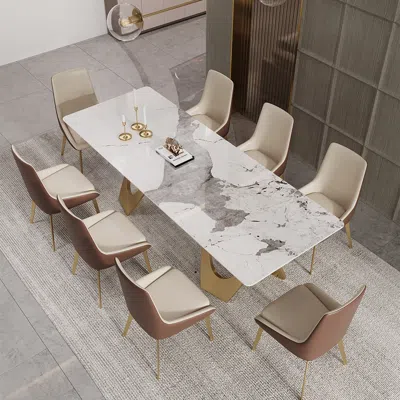 Homary 79" Rectangle Dining Table Faux Marble Top In Gold For 8 Seaters Modern In Neutral