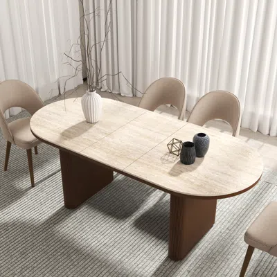 Homary 79''-95'' Oval Dining Table Extendable Butterfly Leaf Sintered Stone Top 6-10 Seater Matte Travertin In Neutral