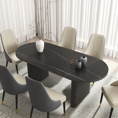 Homary 79"-95" Oval Expandable Dining Table Faux Marble Top Butterfly Leaf For 10 Black Extendable Table