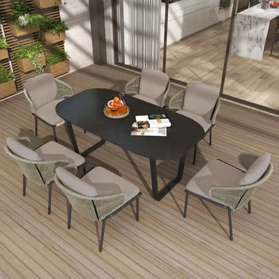 Homary 7-pieces Woven Rattan Outdoor Patio Dining Set With Oval Table And 6 Armchairs In Black