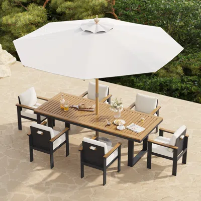 Homary 8 Pieces Rectangle Wood & Aluminum Outdoor Patio Dining Set With Central Pillar Umbrella In White