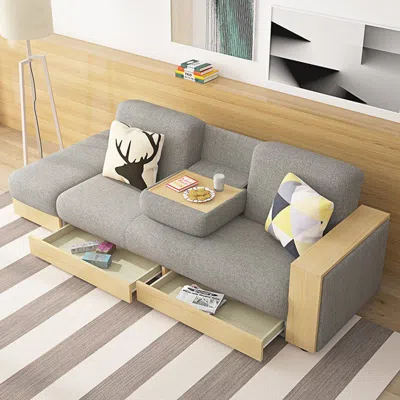 Homary 80.7" Gray Modern Full Sleeper Convertible Sofa Bed With Storage Drop Down Table & Pull-out Drawers