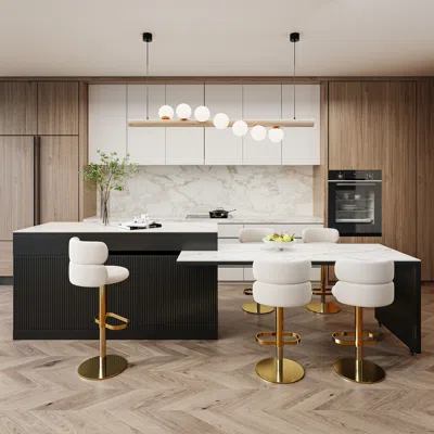 Homary 81''-106" Extendable Kitchen Lsland Faux Marble Top With Doors & Drawers Black & White Modern