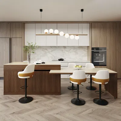 Homary 81''-106" Extendable Kitchen Lsland Faux Marble Top With Doors & Drawers Walnut Modern In Brown
