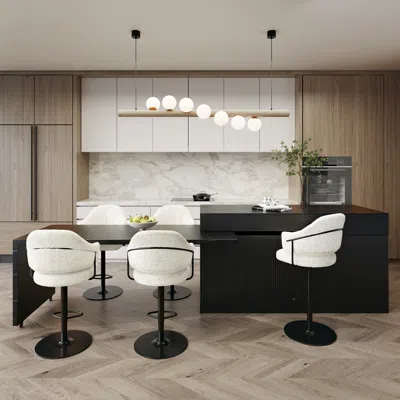 Homary 81''-106" Extendable Kitchen Lsland Marble Pattern Top With Doors & Drawers Black Modern In White