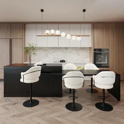 Homary 81''-106" Extendable Kitchen Lsland Marble Pattern Top With Doors & Drawers Black Modern In White