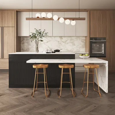 Homary 81"-106" Extendable Kitchen Lsland Marble Pattern Top With Doors & Drawers Black Modern In Gold
