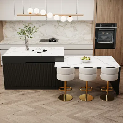 Homary 81"-106" Extendable Kitchen Lsland Marble Pattern Top With Doors & Drawers Black Modern In White