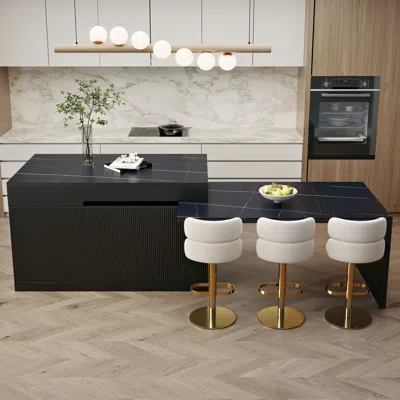 Homary 81"-106" Extendable Kitchen Lsland Marble Pattern Top With Doors & Drawers Black Modern In Blue