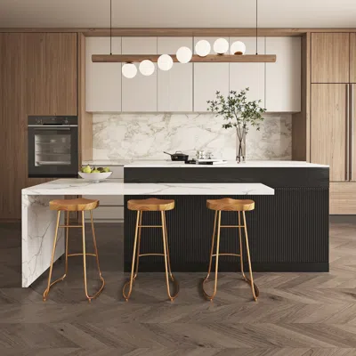 Homary 81''-106" Extendable Kitchen Lsland Marble Pattern Top With Doors & Drawers Black Modern In White