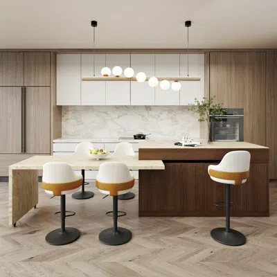 Homary 81''-106" Extendable Kitchen Lsland Marble Pattern Top With Doors & Drawers Walnut Modern In Multi