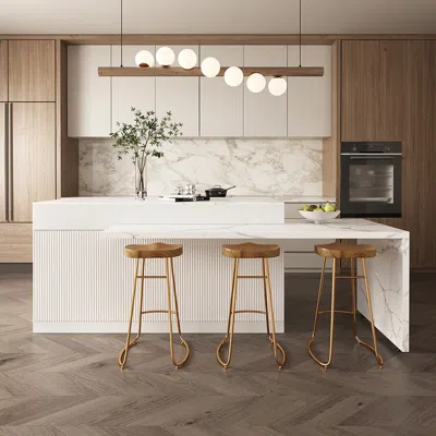 Homary 81"-106" Extendable Kitchen Lsland Marble Pattern Top With Drawers White Modern