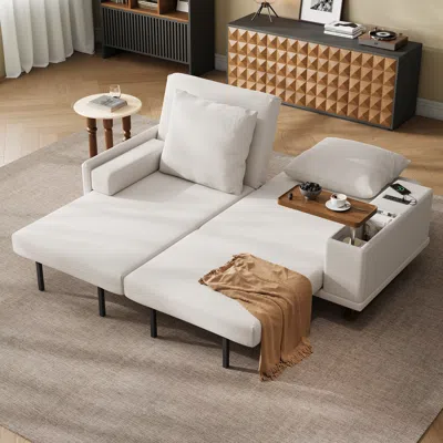 Homary 82" 2-seater Velvet Mid-century Modern Convertible Futon Sofa Bed With Built-in Adjustable Side Tabl In White