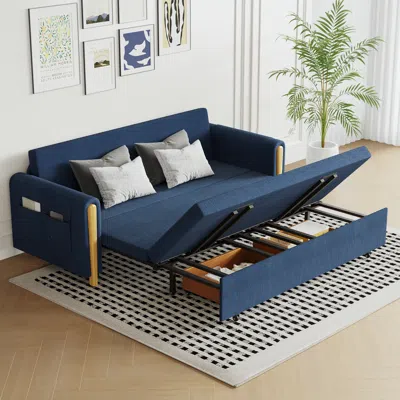 Homary 82" Queen 3-seater Linen Convertible Sleeper Sofa In Blue