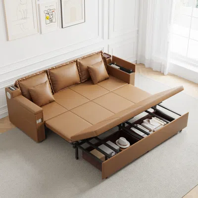 Homary 82.7" Convertible Bed King Sleeper Sofa Leather Upholstered Storage With Speaker In Brown