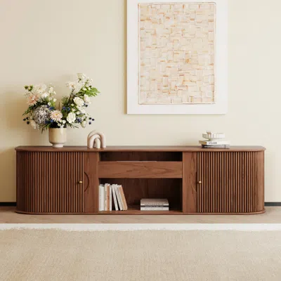 Homary 83" Ash Wood Fluted Tv Stand Mid Century Modern Media Console With Ust Projector Cabinet & Led In Wa In Brown