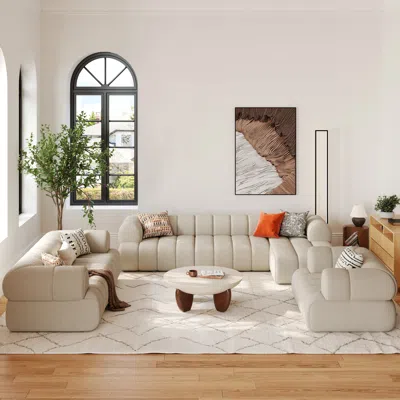 Homary 83" Channeled 2-seater Chenille Loveseats Sofa 118" Channeled 3-piece Sectional L-shaped Sofa With C In Brown