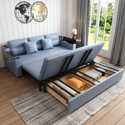 Homary 83" Leath-aire Convertible Sofa Bed Blue Full Sleeper Sofa With Storage And Side Pockets