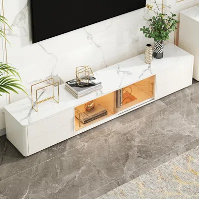 Homary 85" White Wood Rectangle Tv Stand Sintered Stone Top 4-drawer Glass Doors Cabinet