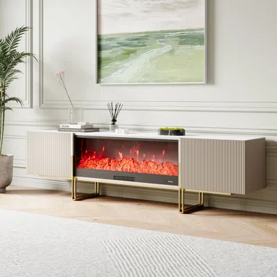 Homary 86" Electric Fireplace Tv Stand Sintered Stone Top Off White Entertainment Center Temperature Adjust In Gray