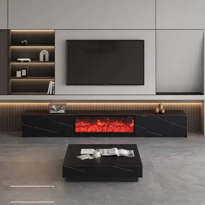 Homary 86.6" Electric Fireplace Marble Veneer Sintered Stone Storage Tv Stand With Remote Control For 85" T In Black