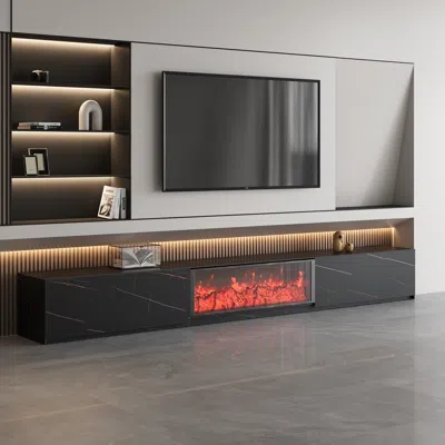 Homary 86.6" Electric Fireplace Marble Veneer Sintered Stone Storage Tv Stand With Remote Control For 85" T In Black
