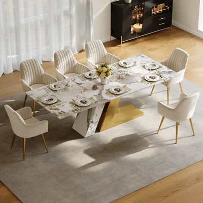 Homary 86.6" Rectangle Dining Table Faux Marble Top For 10 Stainless Steel Modern In White
