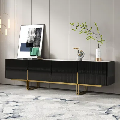 Homary 86.6" Stone Top Black Tv Stand Minimalist Media Console With 4 Doors & 6 Shelves