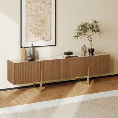 Homary 86.6" Stone Top Walnut Tv Stand Minimalist Media Console With 4 Doors & 6 Shelves In Brown
