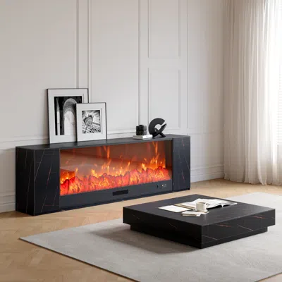 Homary 87" Modern Black Marble Veneer Sintered Stone Electric Fireplace Tv Stand With Remote Control Temper