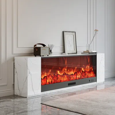Homary 87" Modern White Marble Veneer Sintered Stone Electric Fireplace Tv Stand With Remote Control Temper In Red