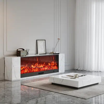 Homary 87" Modern White Marble Veneer Sintered Stone Electric Fireplace Tv Stand With Remote Control Temper
