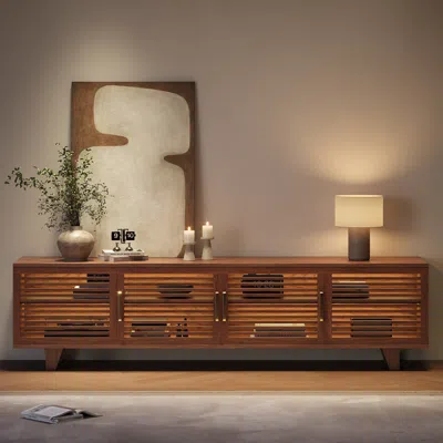 Homary 87'' Solid Ash Wood Tv Stand Mid Century Modern Media Console With Storage & Led In Walnut In Brown