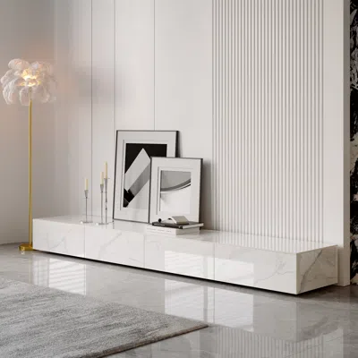 Homary 87" White Tv Stand Faux Marble With Storage For Tvs Up To 85"