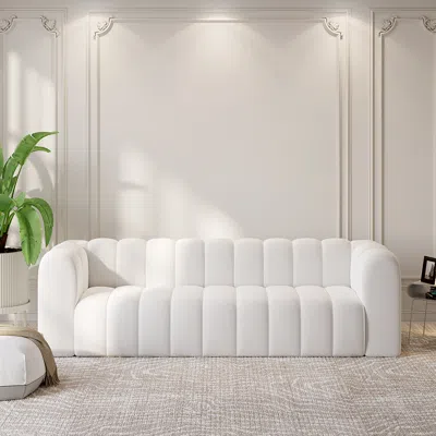 Homary 87.8" Modern White Velvet 3-seater Sofa Channel Tufted Upholstered Luxury Solid Wood