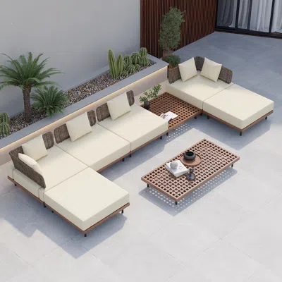 Homary 8pcs Modular Outdoor Sectional Sofa Set Mordern Yard & Patio Furniture For 6 Person In Beige Cushion In White