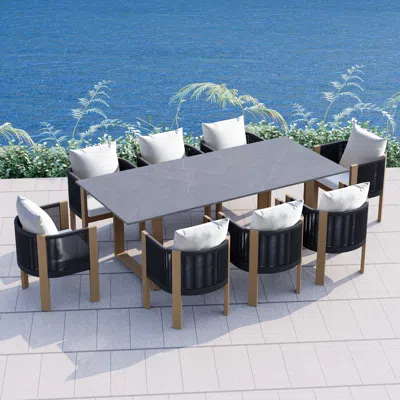 Homary 9 Pcs 86.6" Faux Marble Outdoor Dining Table Set With Woven Rope Chairs In Gray For 8 Person Patio & In White