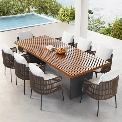 Homary 9 Pieces 94.5'' Outdoor Patio Dining Set For 8 Person With Rectangle Teak Table & Rattan Chairs In Gray