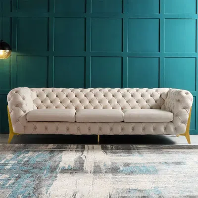 Homary 91" Beige Modern Chesterfield Sofa 3-seater Button Tufted Velvet In Neutral