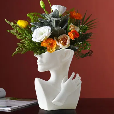 Homary 9.4" Resin Statue Flower Vase Face Pots Bust Head Shaped Home Table Decor Art In White In Multi