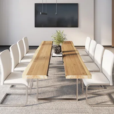 Homary 94.5" Natural & Clear Conference Table With Cable Management Modern Rectangular Office Desk With Pin In Neutral