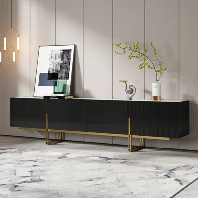 Homary 94.5" Stone Top Black Tv Stand Minimalist Media Console With 4 Doors & 6 Shelves