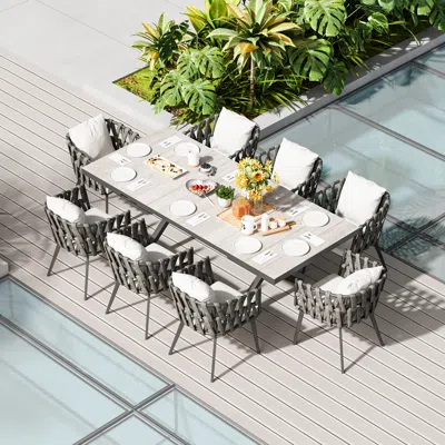 Homary 9-pcs Extendable Outdoor Dining Set With Ceramic Top Table Woven Armchairs, Patio & Yard Extendable  In Gray