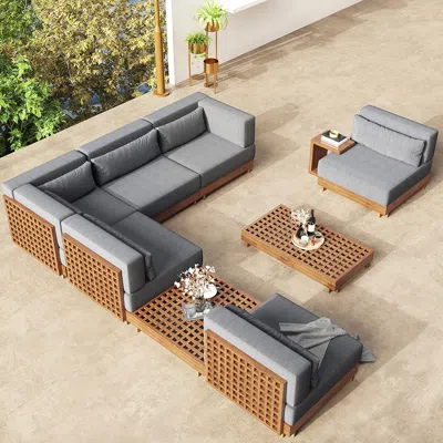 Homary 9-pieces Teak Luxury Modular L-shaped Outdoor Patio Sectional Sofa Set In Gray With Coffee Table And