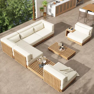 Homary 9-pieces Versatile Whole Teak Luxury Modular L-shaped Outdoor Patio Sectional Sofa Set In Beige With In Neutral