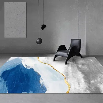 Homary Abstract Modern Blue And Gold Rug Polyester Rectangle 6' X 8' Living Room Area Rug In Multi