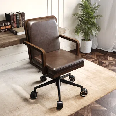 Homary Adjustable High Back Mid-century Office Chair Faux Leather & Wood Comfy Office Chair In Brown