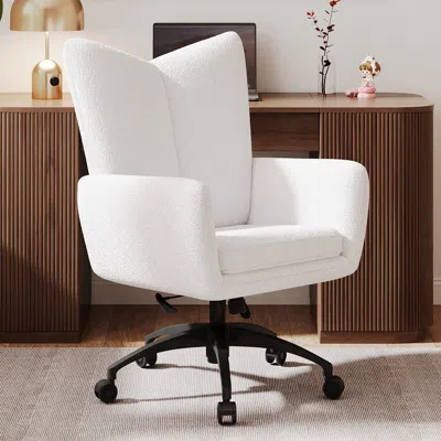 Homary Ajustable High Back Office Chair Boucle Comfy Office Chair In White